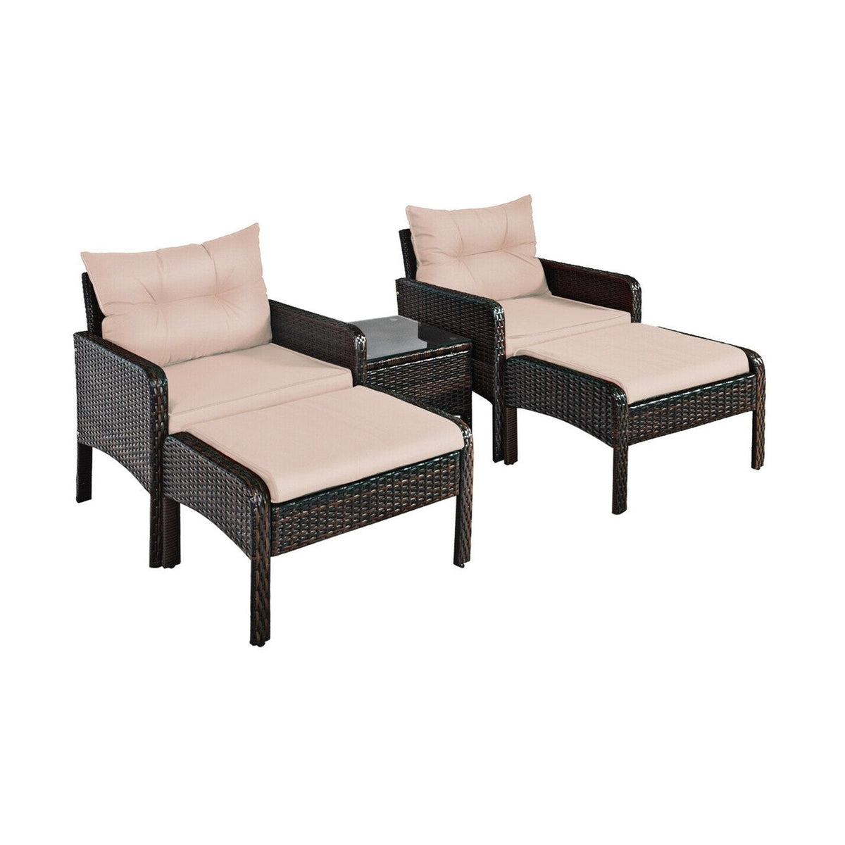 5 Piece Patio Wicker Set with 2 Armchairs, 2 Ottomans and 18 in Glass Topped Coffee Table, 4 in Beige Cushions