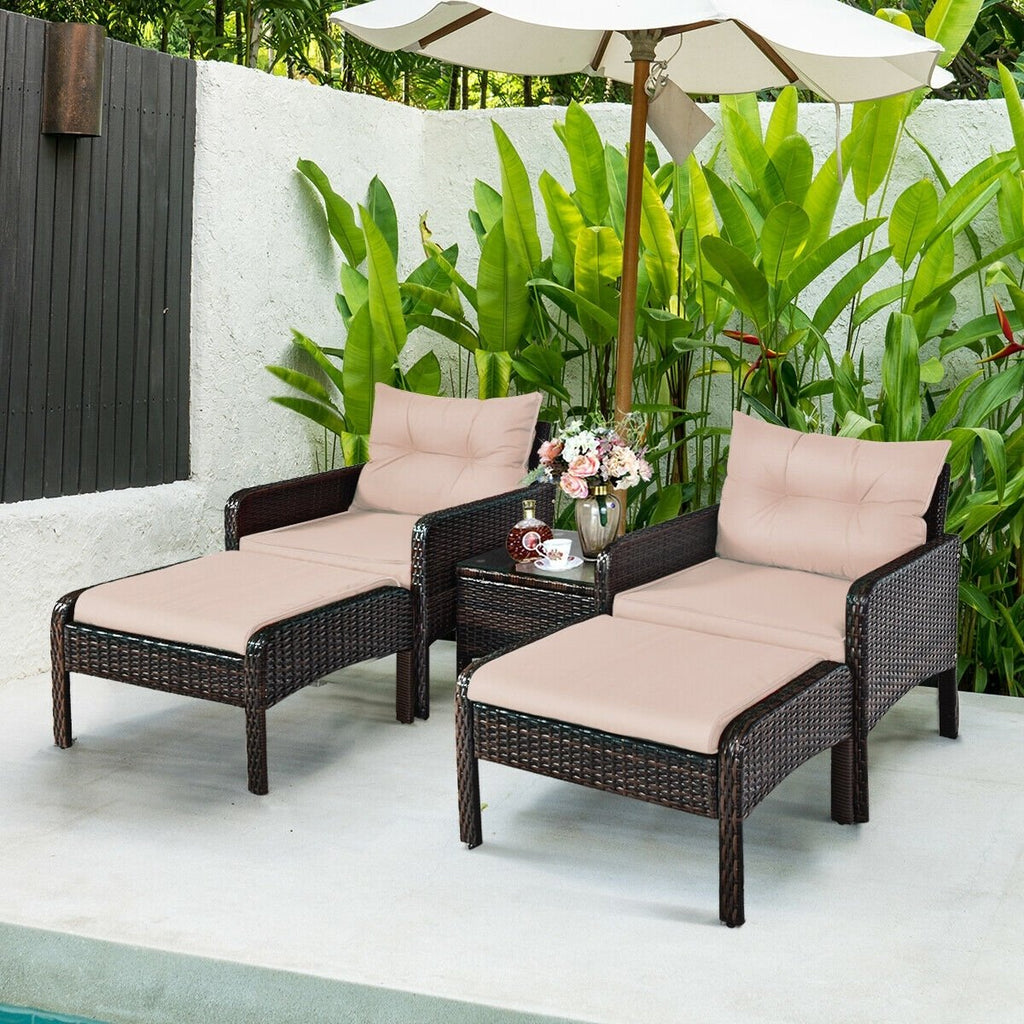5 Piece Patio Wicker Set with 2 Armchairs, 2 Ottomans and 18 in Glass Topped Coffee Table, 4 in Beige Cushions
