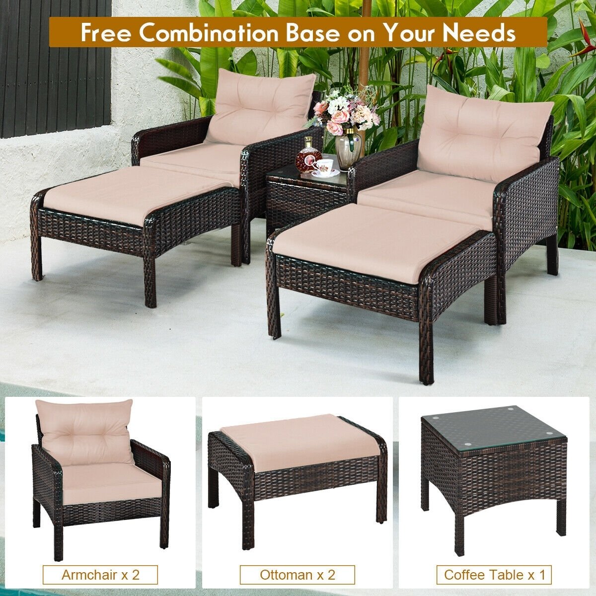 5 Piece Patio Wicker Set with 2 Armchairs, 2 Ottomans and 18 in Glass Topped Coffee Table, 4 in Beige Cushions