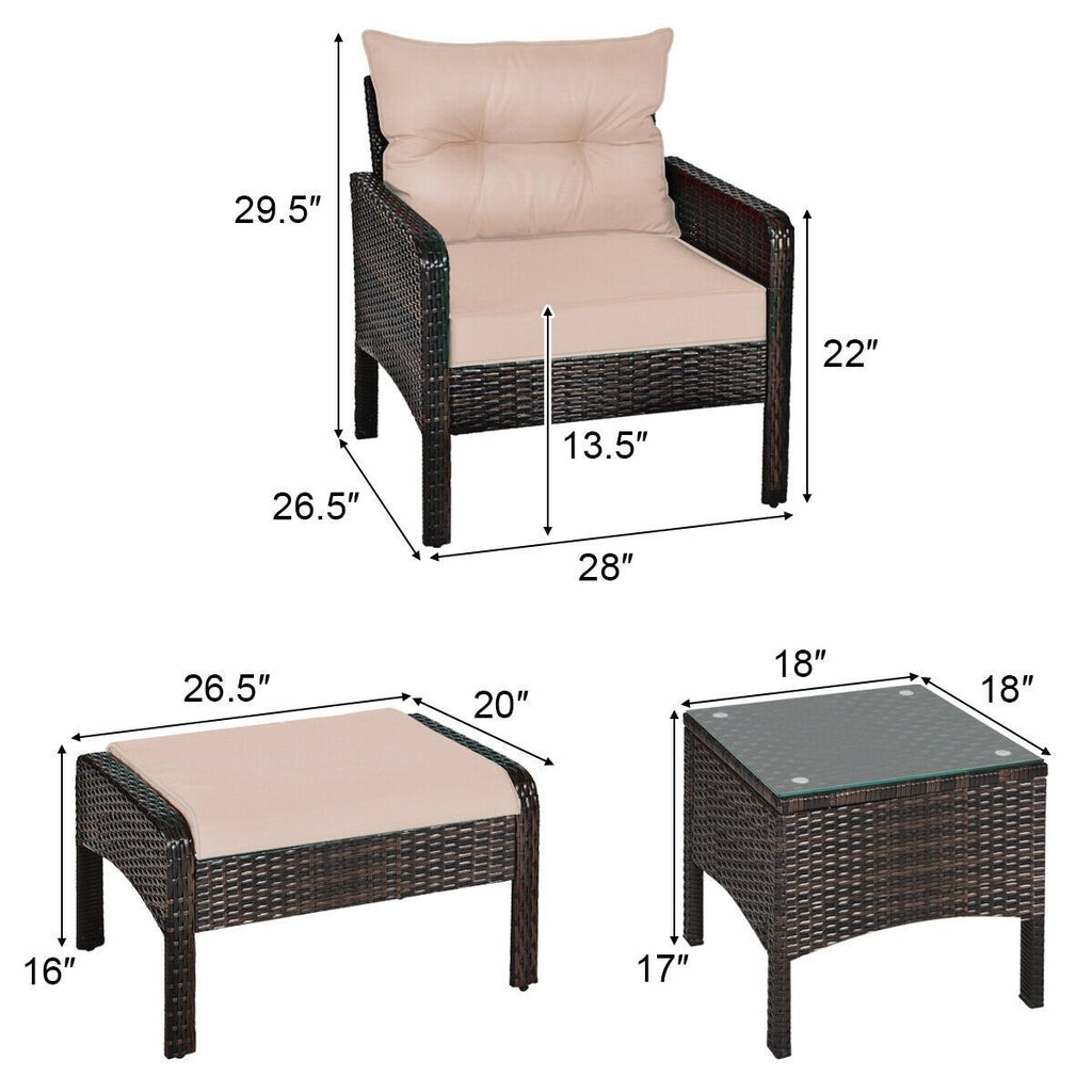 5 Piece Patio Wicker Set with 2 Armchairs, 2 Ottomans and 18 in Glass Topped Coffee Table, 4 in Beige Cushions
