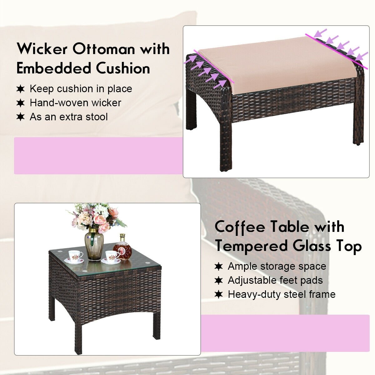 5 Piece Patio Wicker Set with 2 Armchairs, 2 Ottomans and 18 in Glass Topped Coffee Table, 4 in Beige Cushions