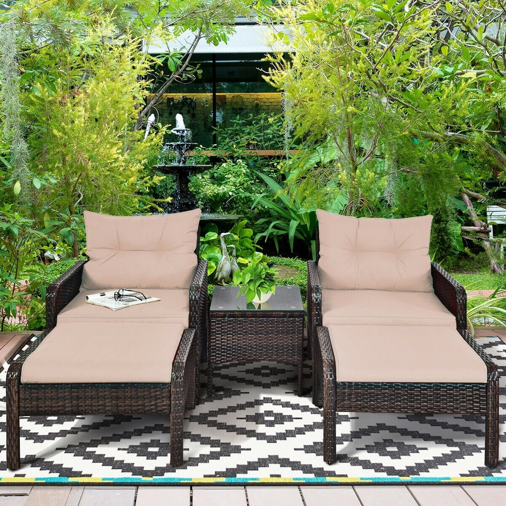 5 Piece Patio Wicker Set with 2 Armchairs, 2 Ottomans and 18 in Glass Topped Coffee Table, 4 in Beige Cushions