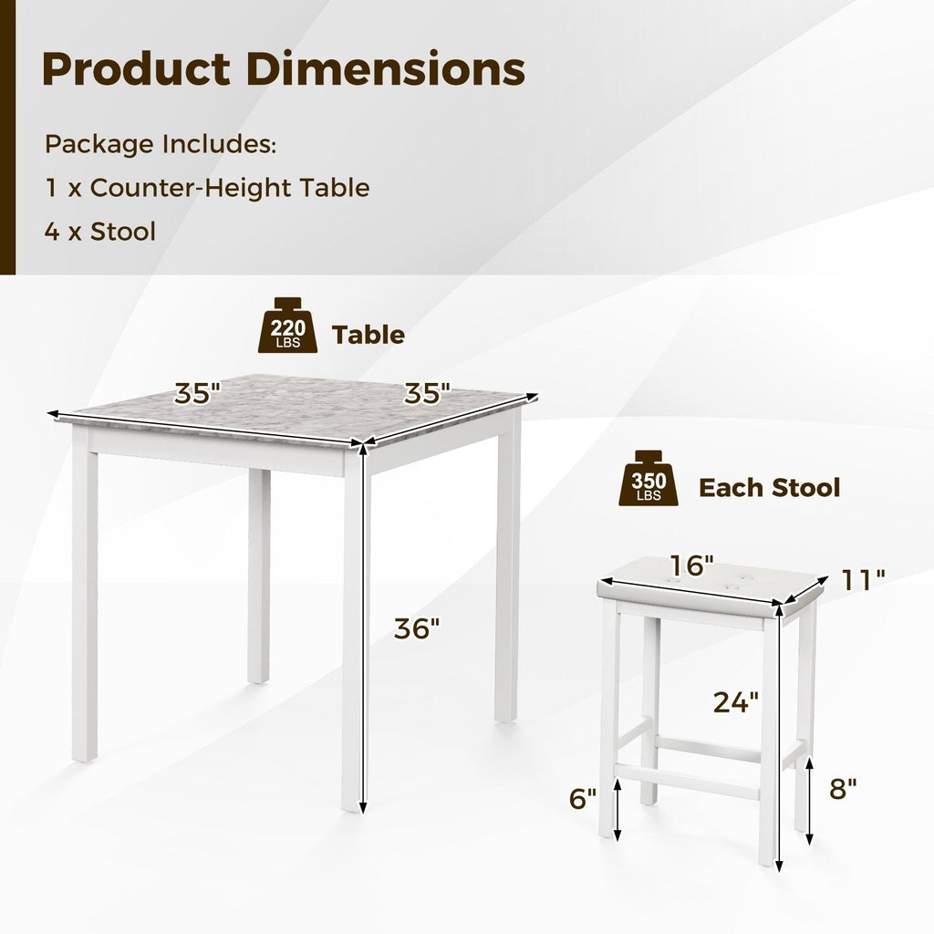 5-Piece Bar Table Set Counter-Height Dining Table and 4 Bar Stools-White