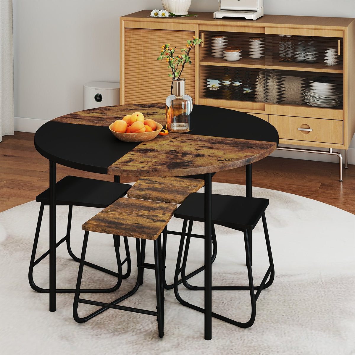 5-Piece Dining Set for 4 47 Inch Round, Kitchen Table and 4 Stools-Brown