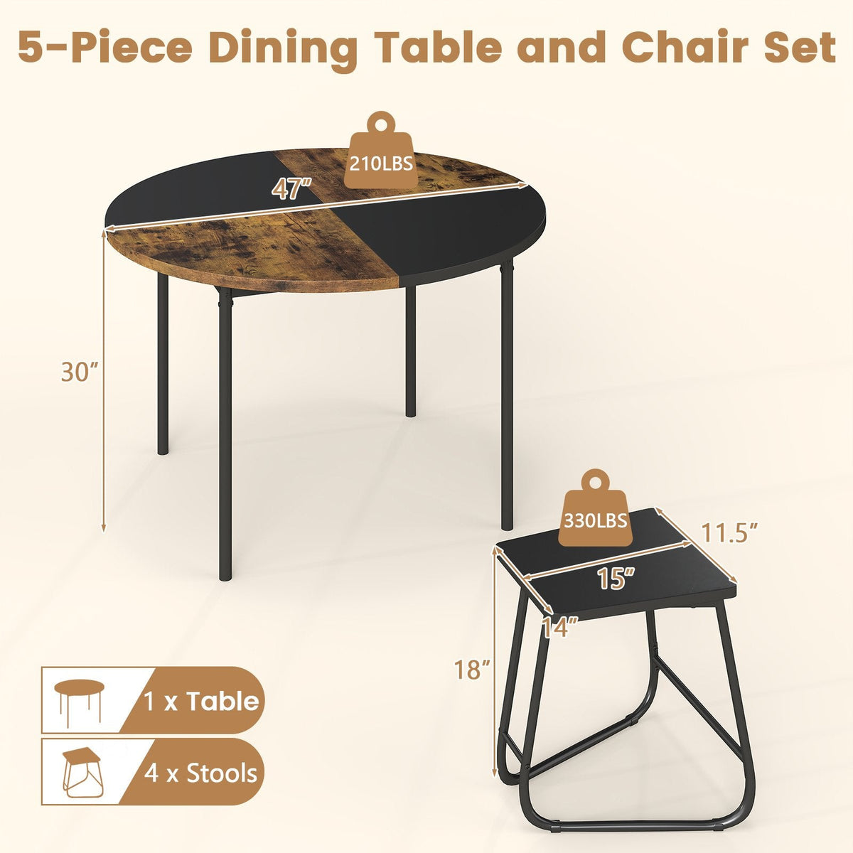 5-Piece Dining Set for 4 47 Inch Round, Kitchen Table and 4 Stools-Brown