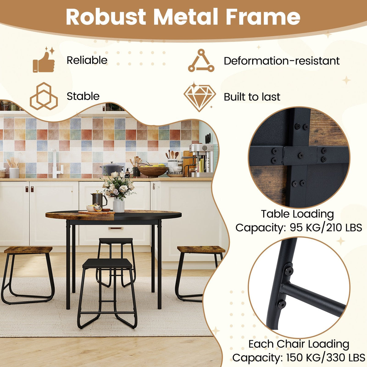 5-Piece Dining Set for 4 47 Inch Round, Kitchen Table and 4 Stools-Brown