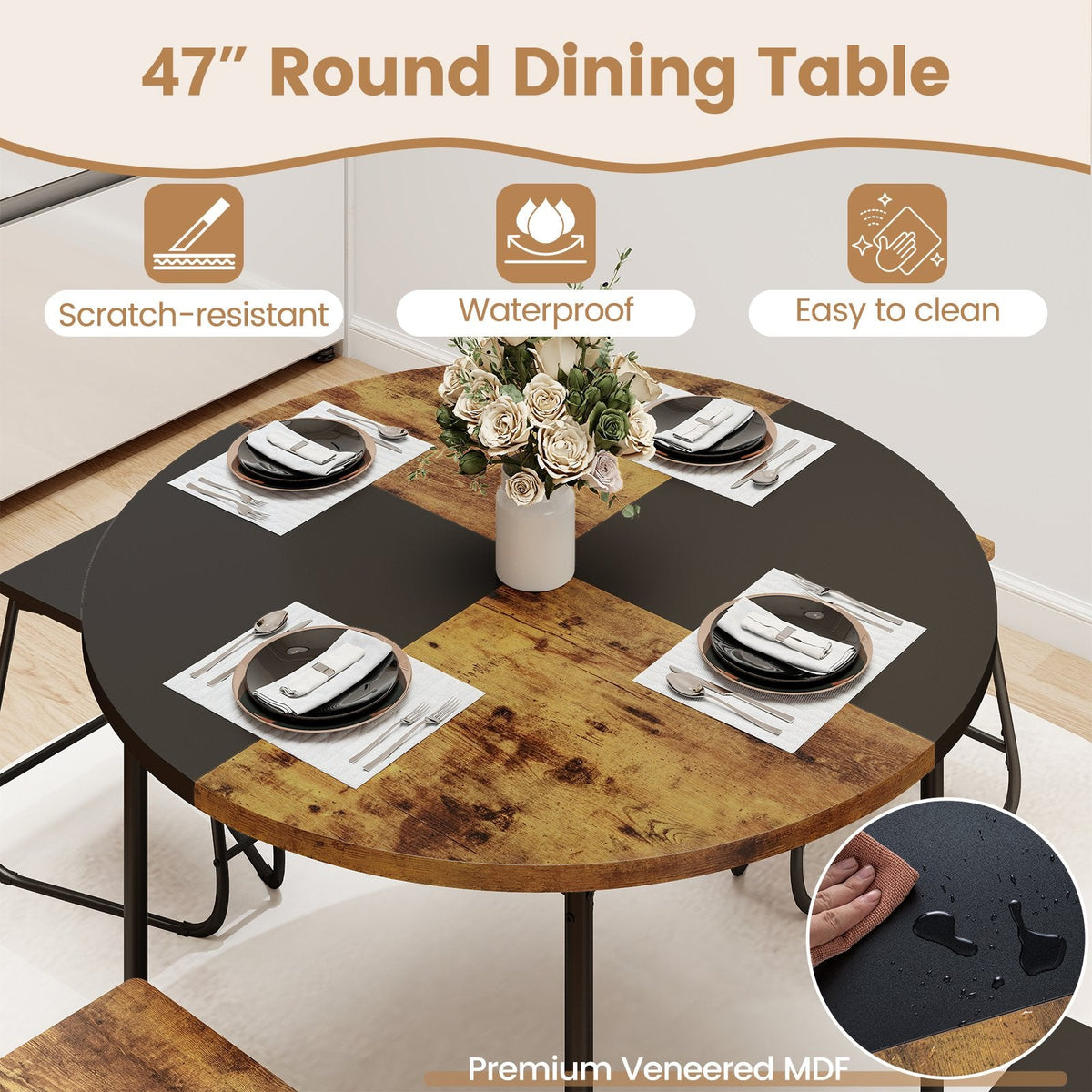 5-Piece Dining Set for 4 47 Inch Round, Kitchen Table and 4 Stools-Brown