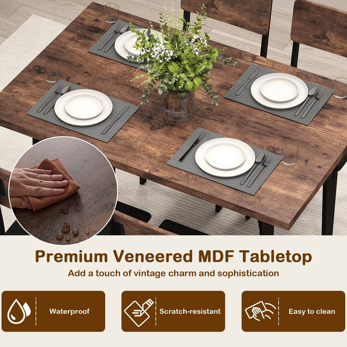 5-Piece Dining Table Set for 4 People Industrial Kitchen Table and 4 PU Leather Chairs-Brown