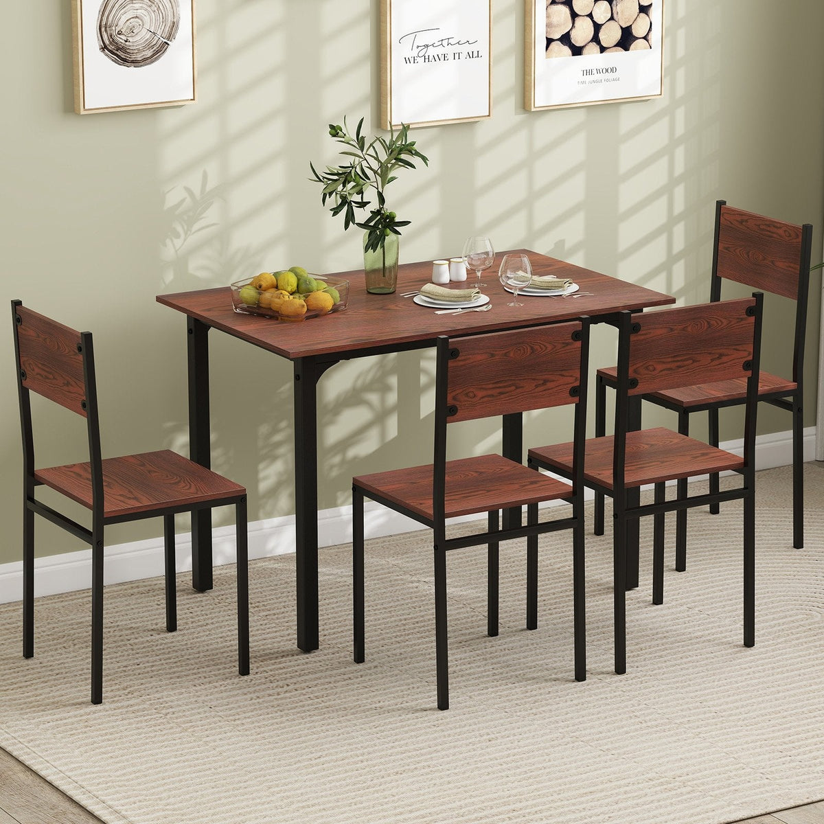 5 Piece Dining Table Set Industrial Style Kitchen Table and Chairs for 4-Walnut