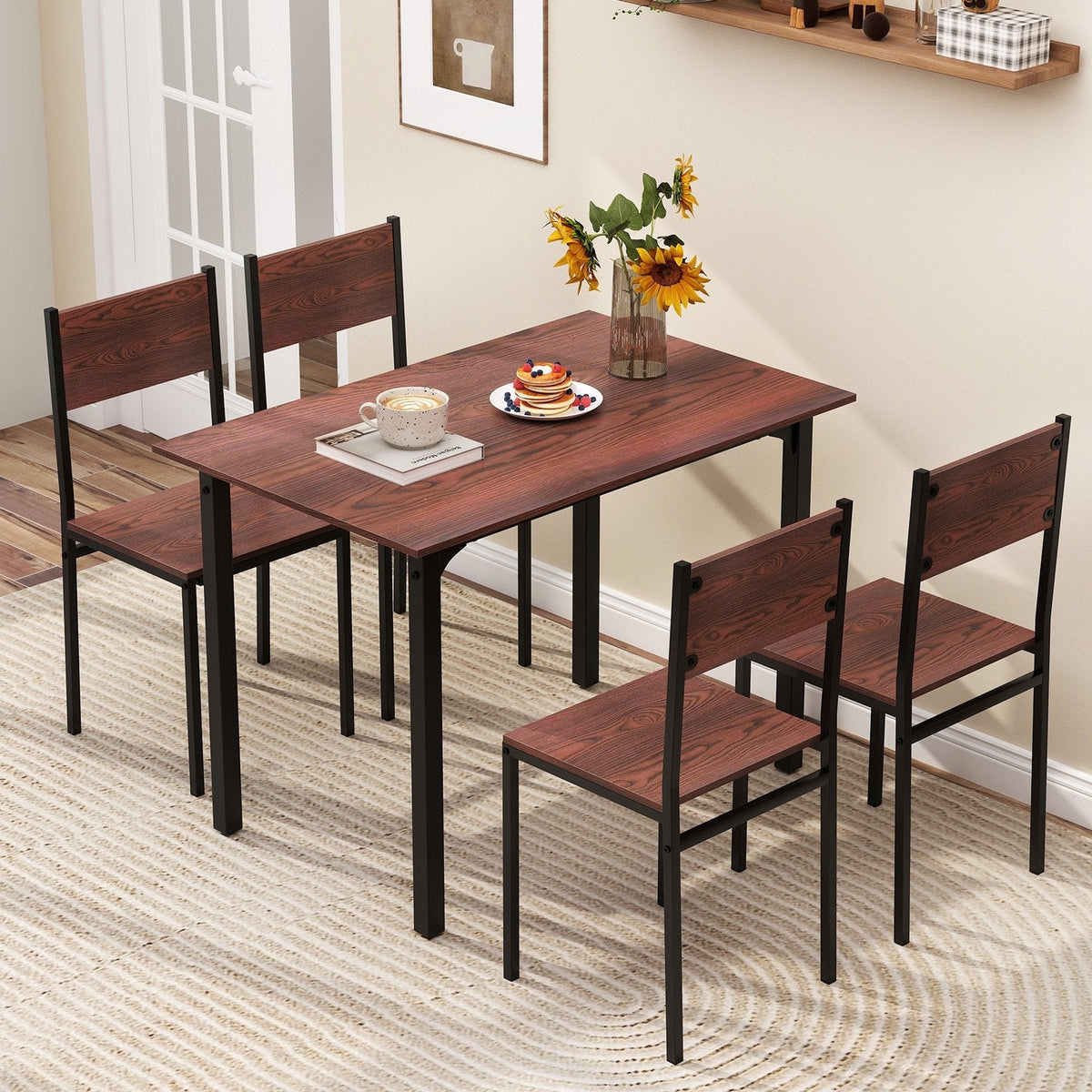 5 Piece Dining Table Set Industrial Style Kitchen Table and Chairs for 4-Walnut