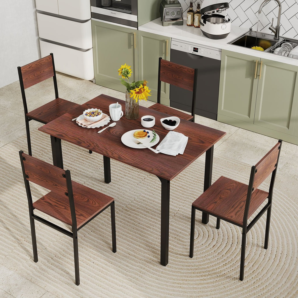 5 Piece Dining Table Set Industrial Style Kitchen Table and Chairs for 4-Walnut