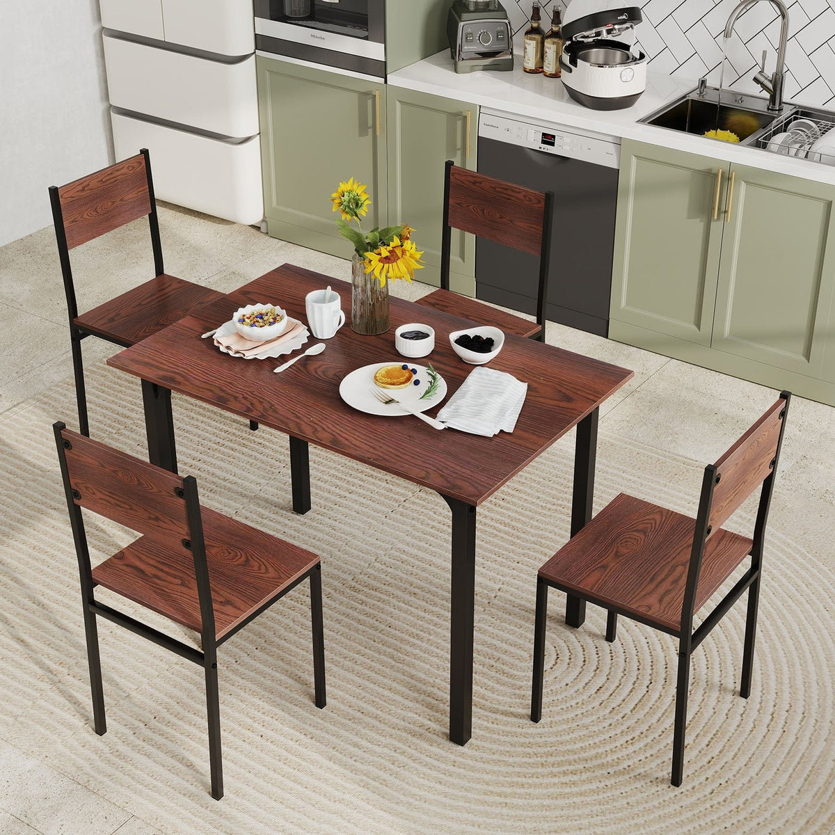 5 Piece Dining Table Set Industrial Style Kitchen Table and Chairs for 4-Walnut