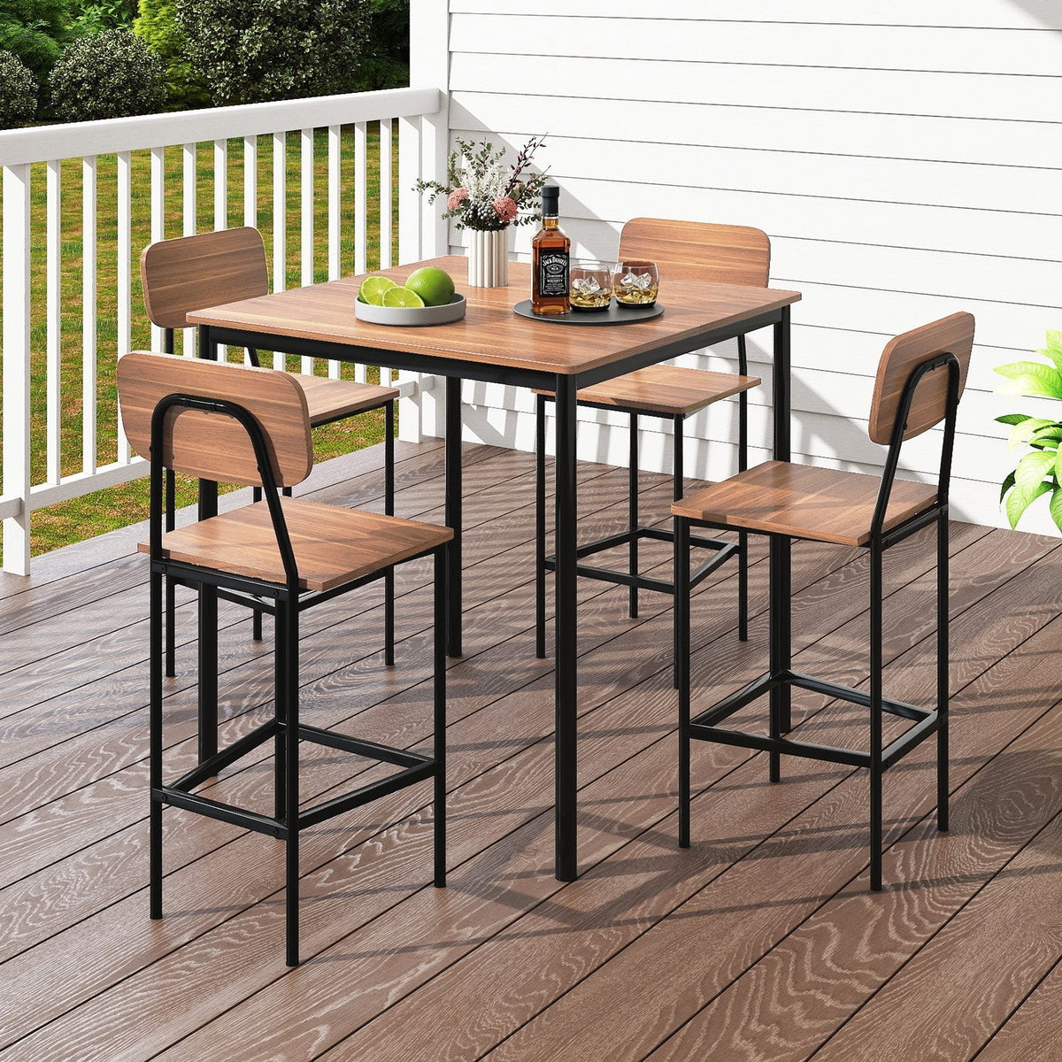 5-Piece Industrial Dining Table Set with Counter Height Table and 4 Bar Stools-Teak