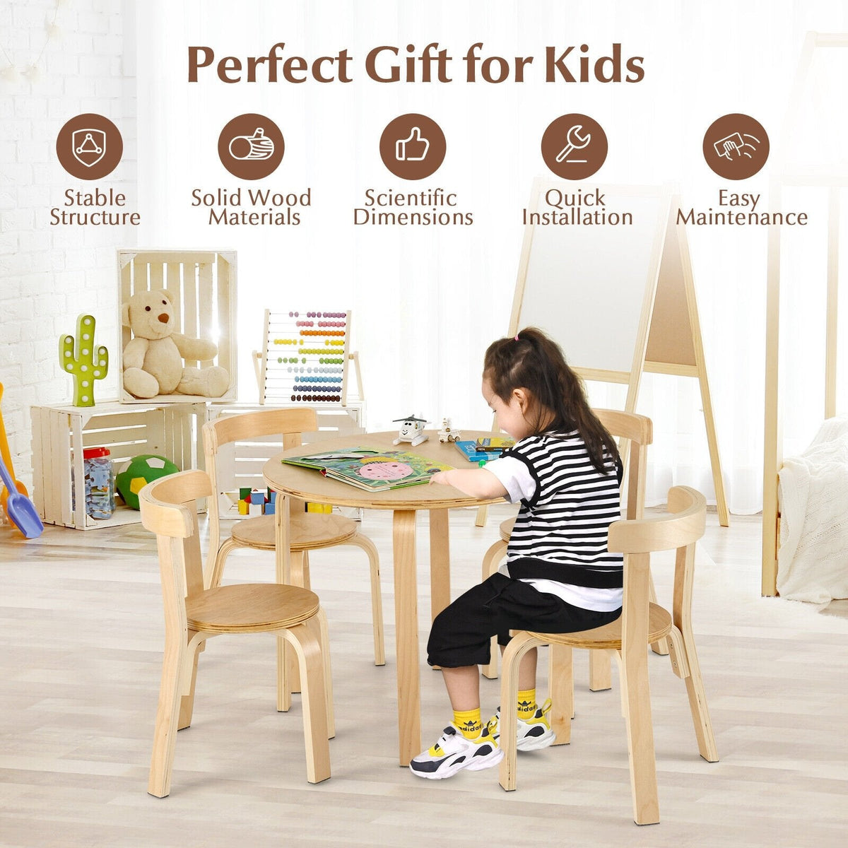 5-Piece Kids Wooden Curved Back Activity Table and Chair Set with Toy Bricks-Natural