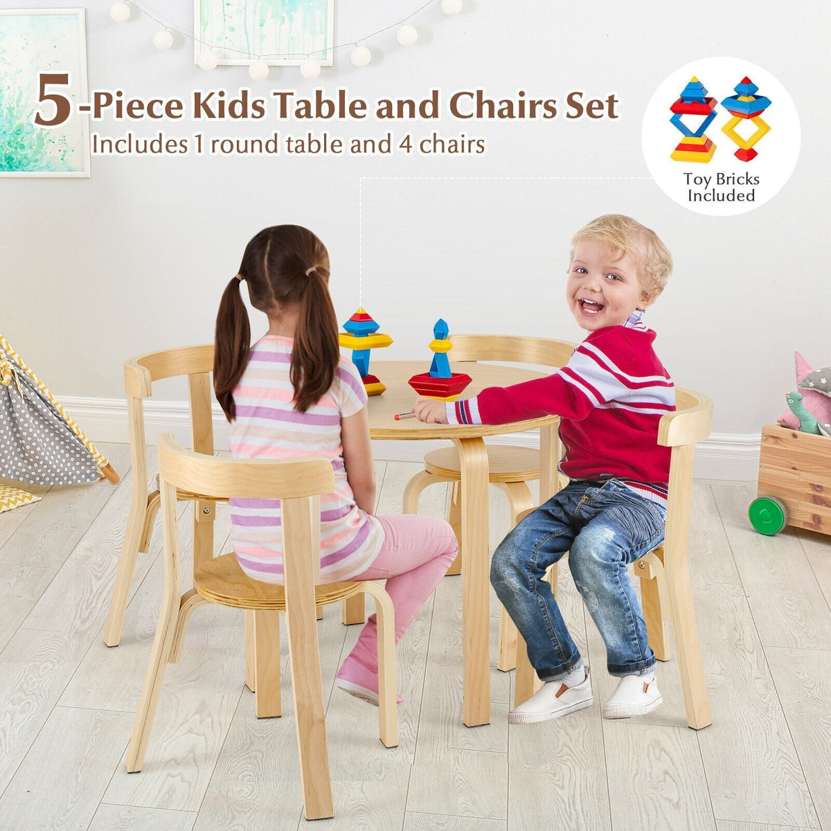 5-Piece Kids Wooden Curved Back Activity Table and Chair Set with Toy Bricks-Natural