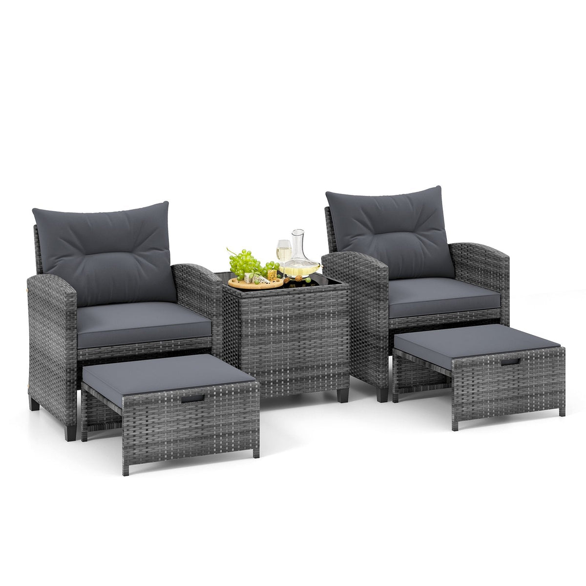 5 Piece Rattan Patio Chair Set with 2 Ottomans and Glass Coffee Table, Gray