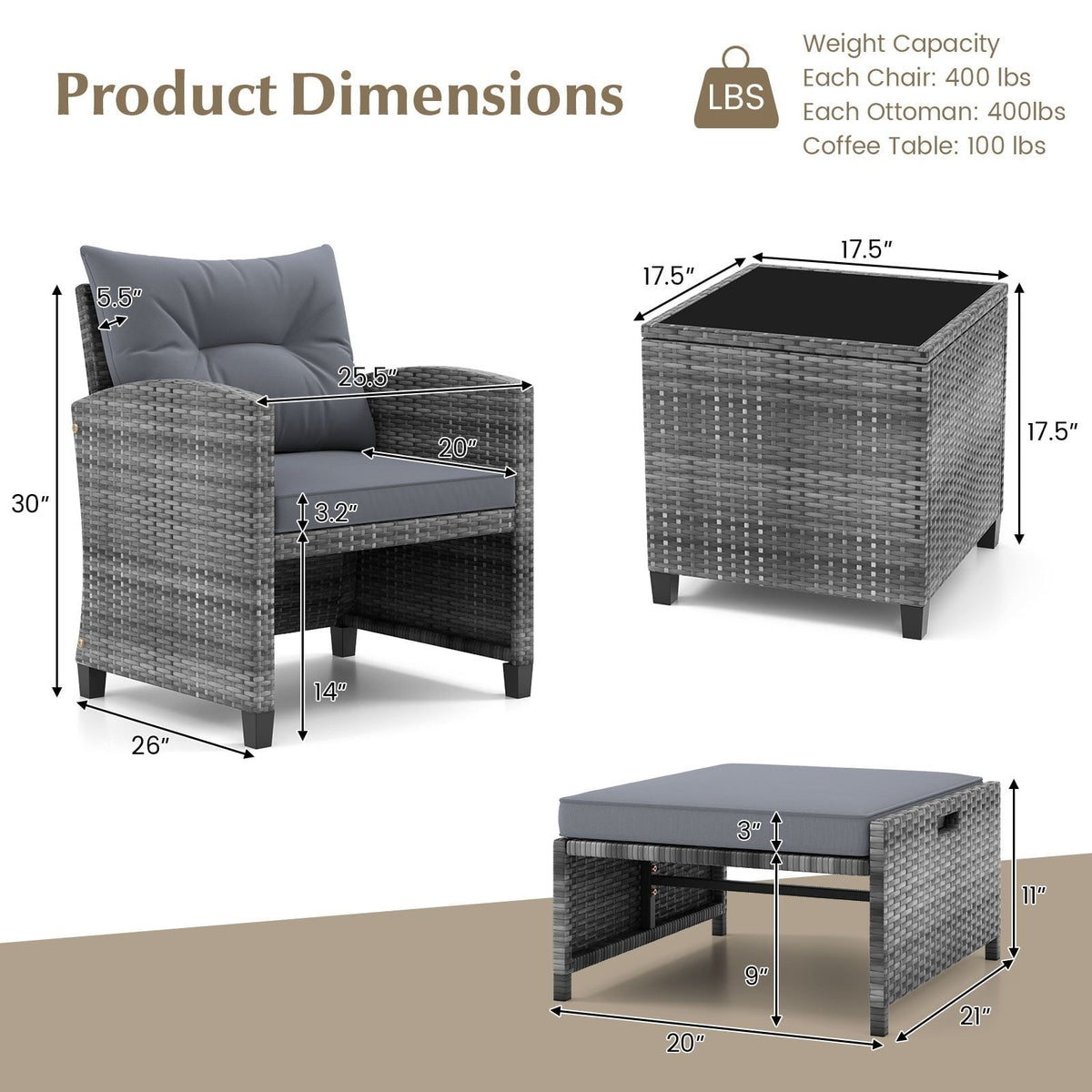 5 Piece Rattan Patio Chair Set with 2 Ottomans and Glass Coffee Table, Gray
