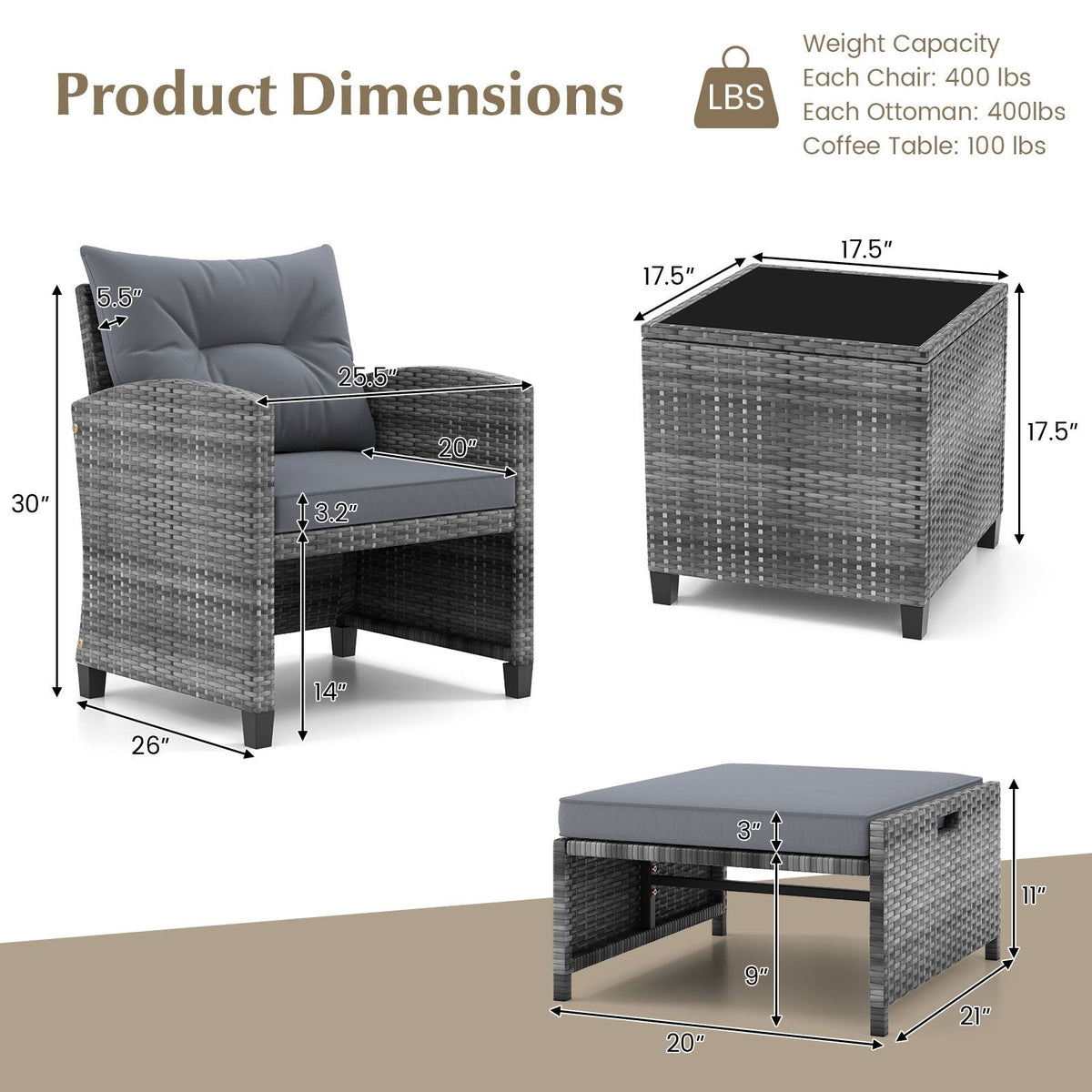 5 Piece Rattan Patio Chair Set with 2 Ottomans and Glass Coffee Table, Gray