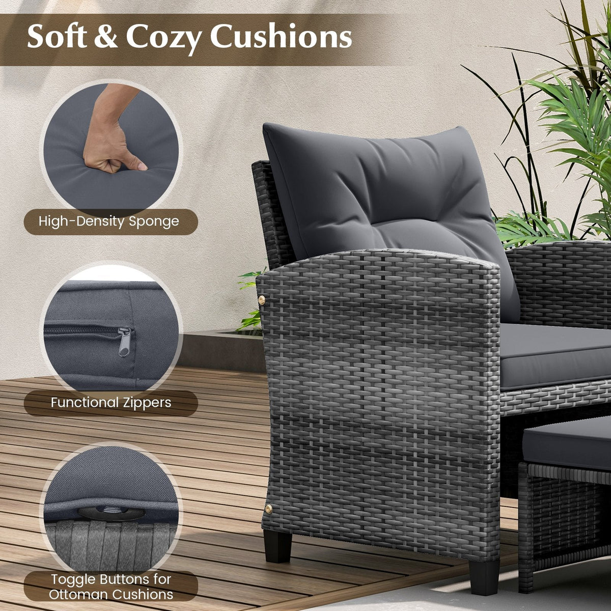 5 Piece Rattan Patio Chair Set with 2 Ottomans and Glass Coffee Table, Gray