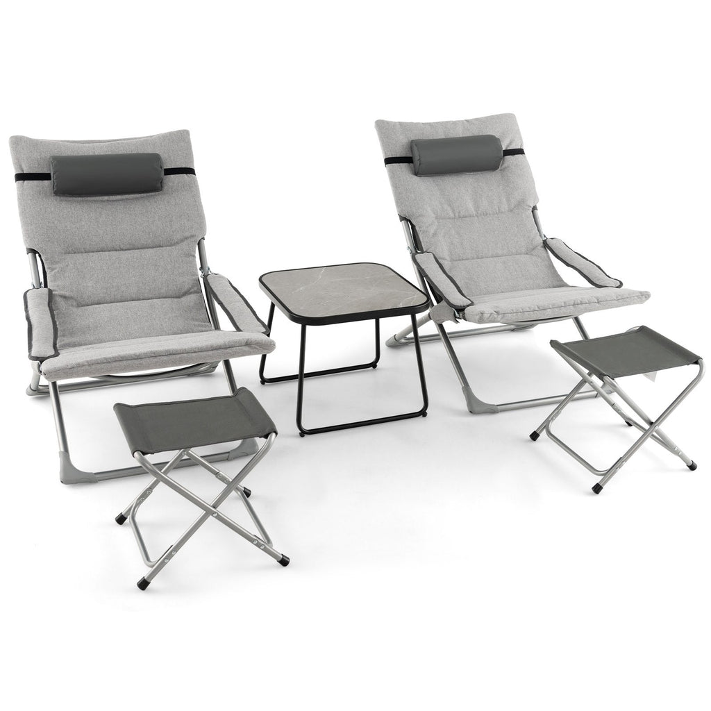 5 Piece Folding Sling Patio Chair Set with 2 Footrests and Coffee Table, Gray