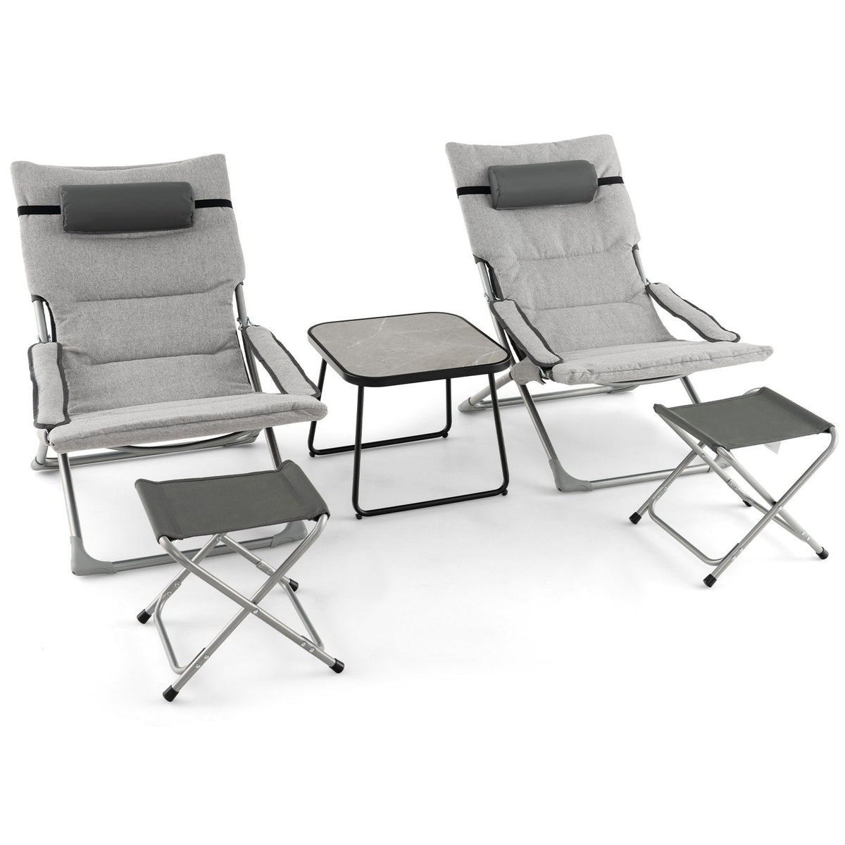 5 Piece Folding Sling Patio Chair Set with 2 Footrests and Coffee Table, Gray