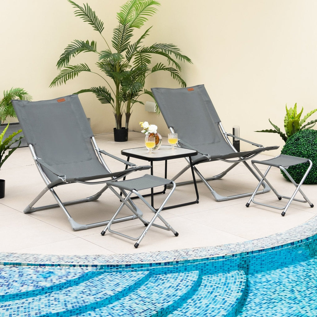 5 Piece Folding Sling Patio Chair Set with 2 Footrests and Coffee Table, Gray