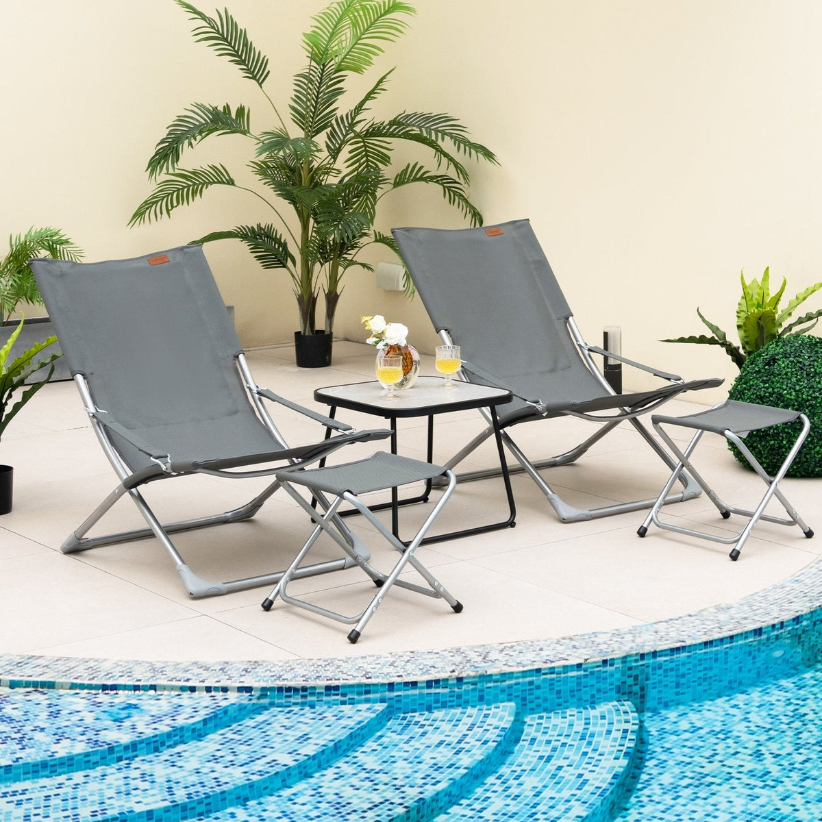 5 Piece Folding Sling Patio Chair Set with 2 Footrests and Coffee Table, Gray