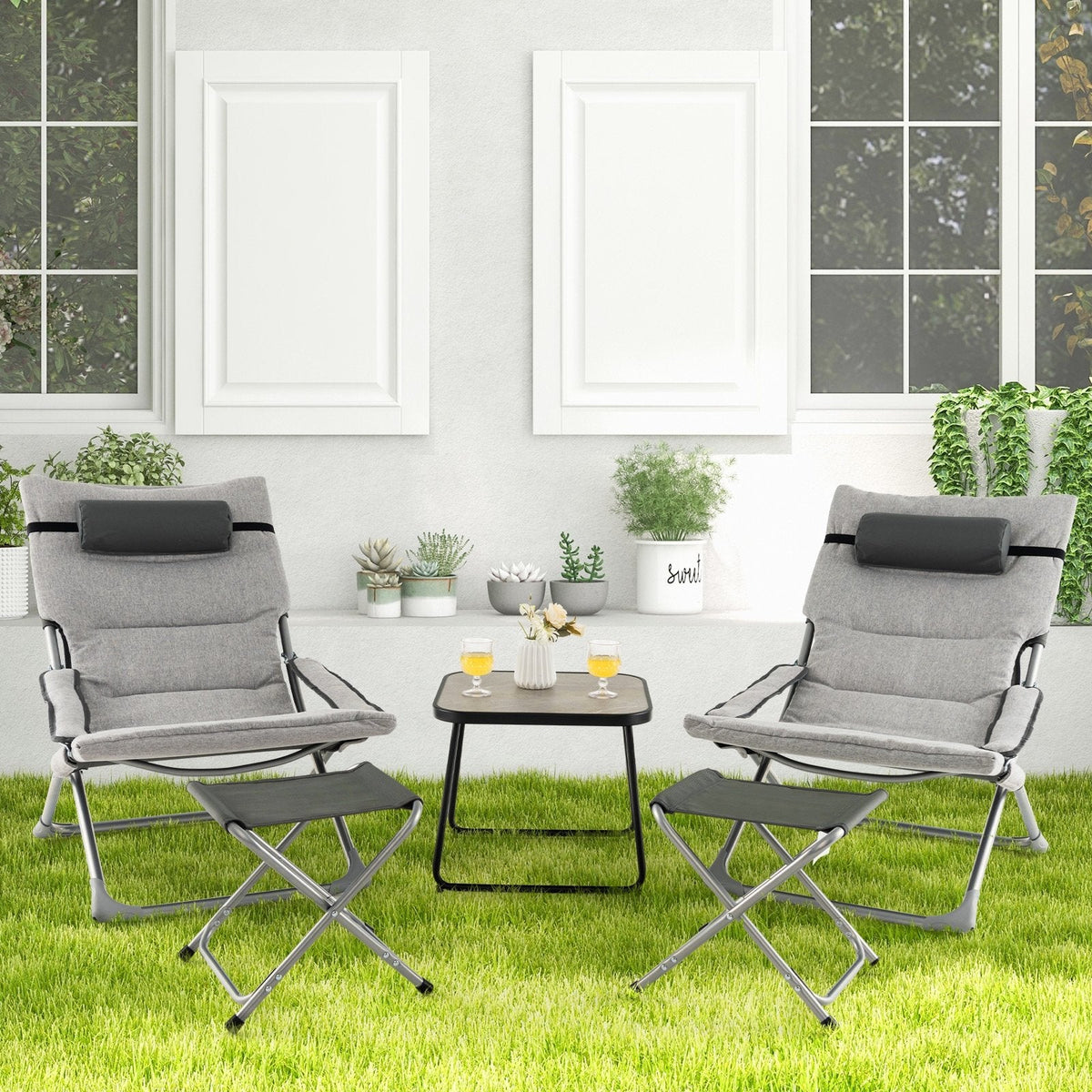 5 Piece Folding Sling Patio Chair Set with 2 Footrests and Coffee Table, Gray