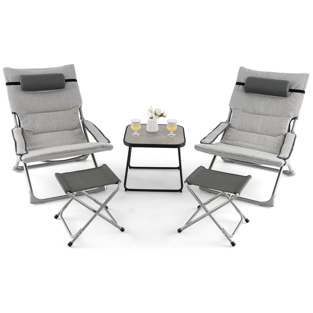 5 Piece Folding Sling Patio Chair Set with 2 Footrests and Coffee Table, Gray