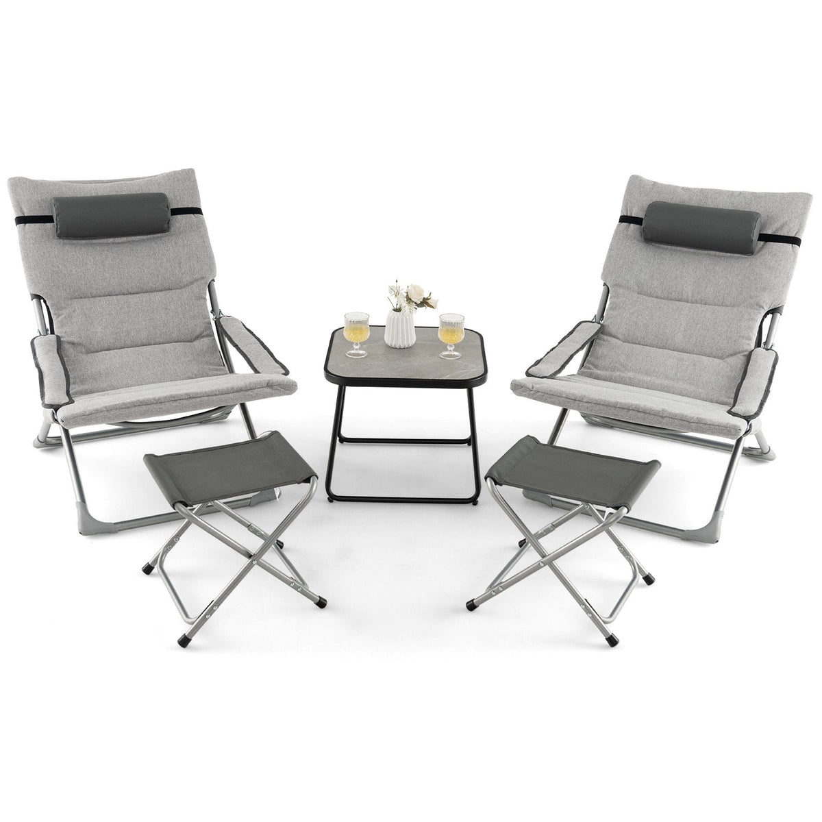 5 Piece Folding Sling Patio Chair Set with 2 Footrests and Coffee Table, Gray