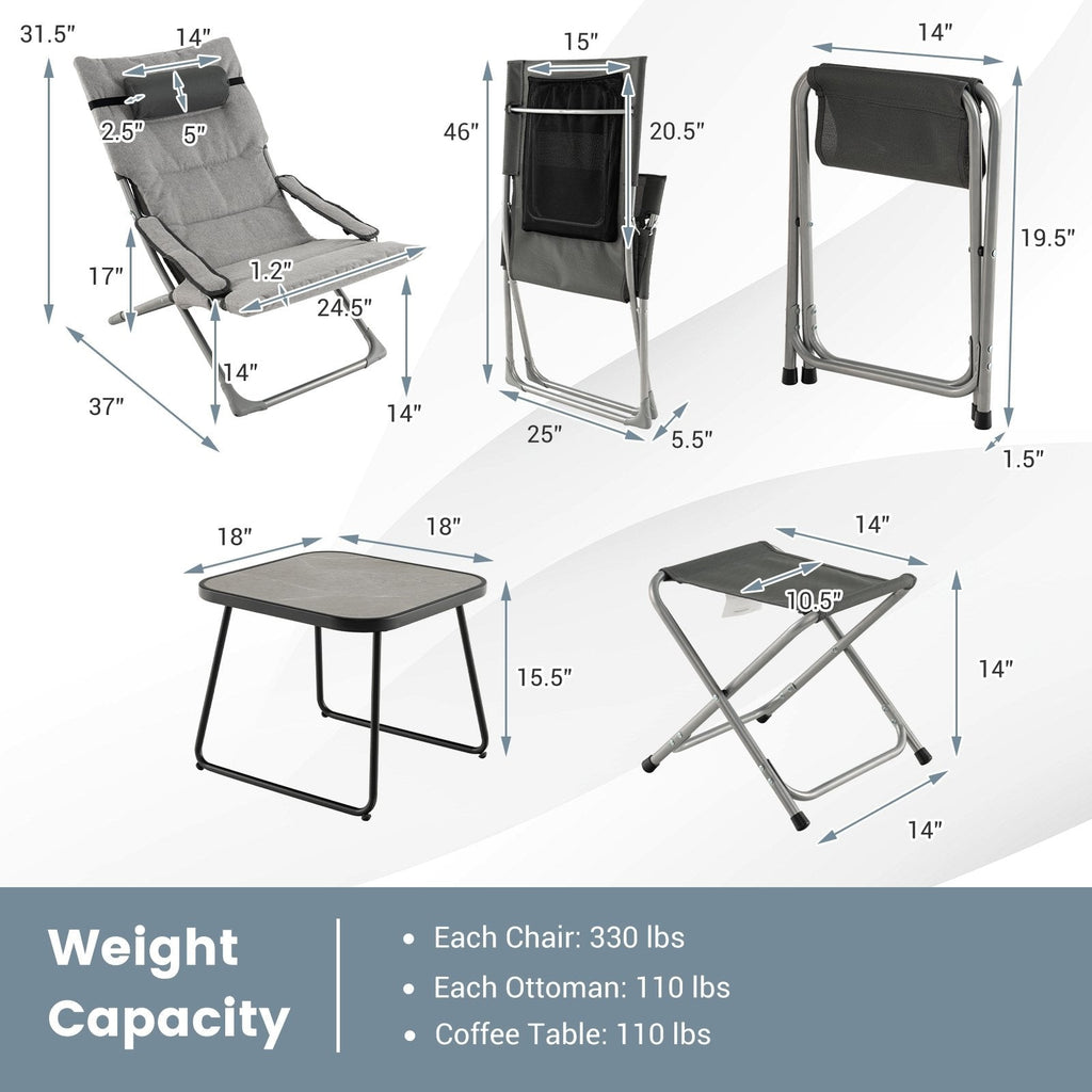 5 Piece Folding Sling Patio Chair Set with 2 Footrests and Coffee Table, Gray