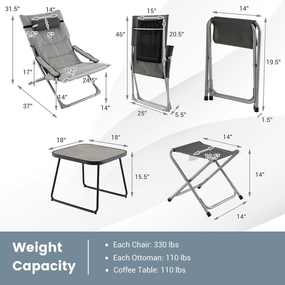 5 Piece Folding Sling Patio Chair Set with 2 Footrests and Coffee Table, Gray