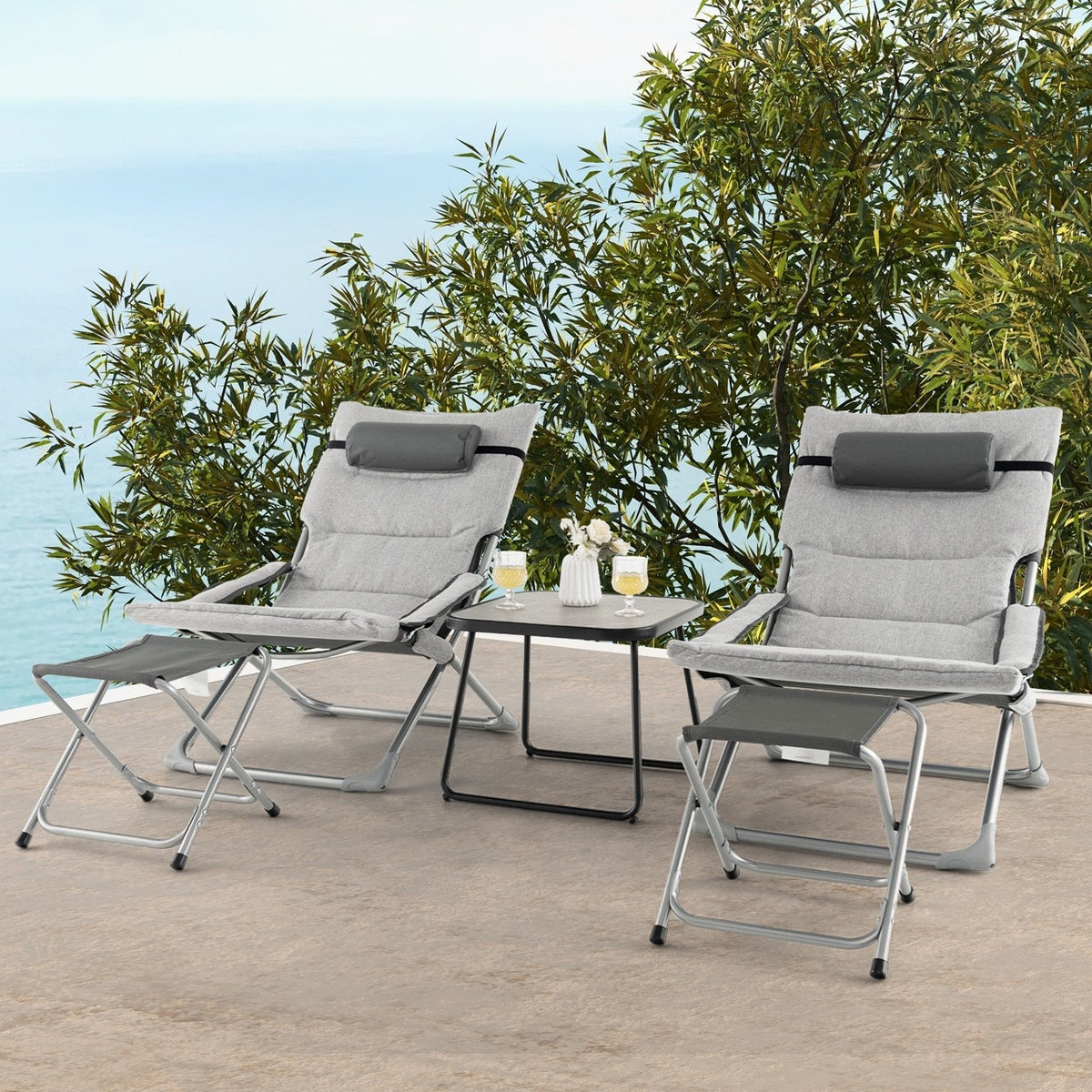 5 Piece Folding Sling Patio Chair Set with 2 Footrests and Coffee Table, Gray