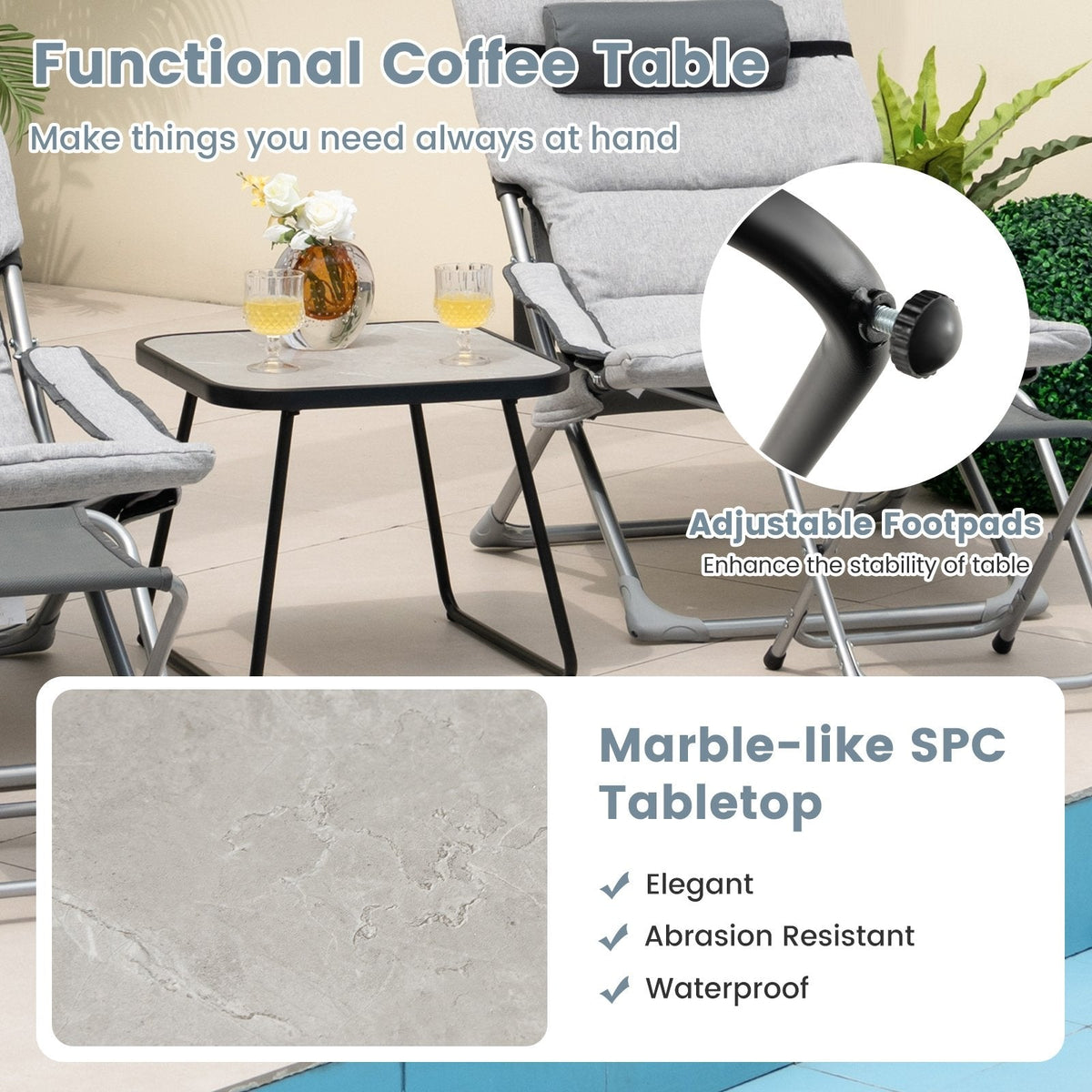 5 Piece Folding Sling Patio Chair Set with 2 Footrests and Coffee Table, Gray