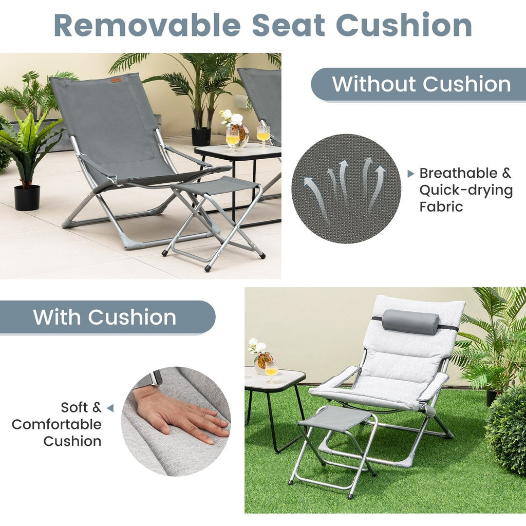 5 Piece Folding Sling Patio Chair Set with 2 Footrests and Coffee Table, Gray