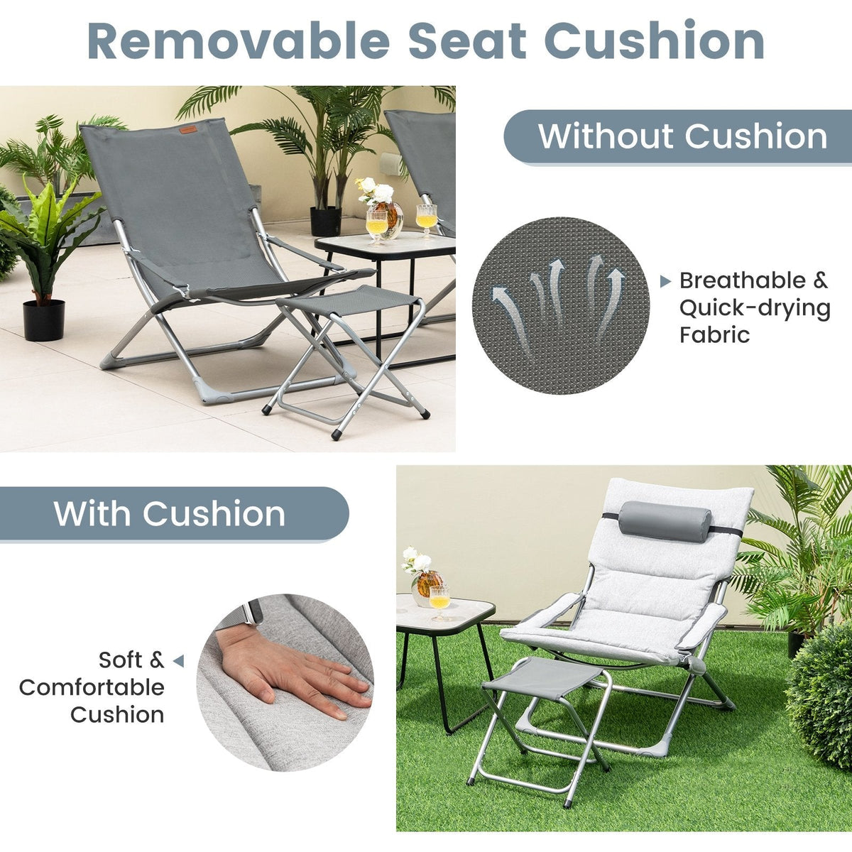 5 Piece Folding Sling Patio Chair Set with 2 Footrests and Coffee Table, Gray