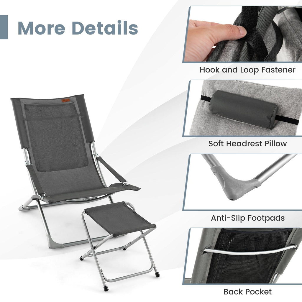5 Piece Folding Sling Patio Chair Set with 2 Footrests and Coffee Table, Gray
