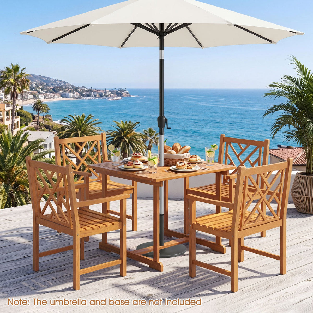 5 Piece Square Acacia Patio Dining Set for 4 with Lattice Back Armchairs and a 1.97 Inch Umbrella Hole