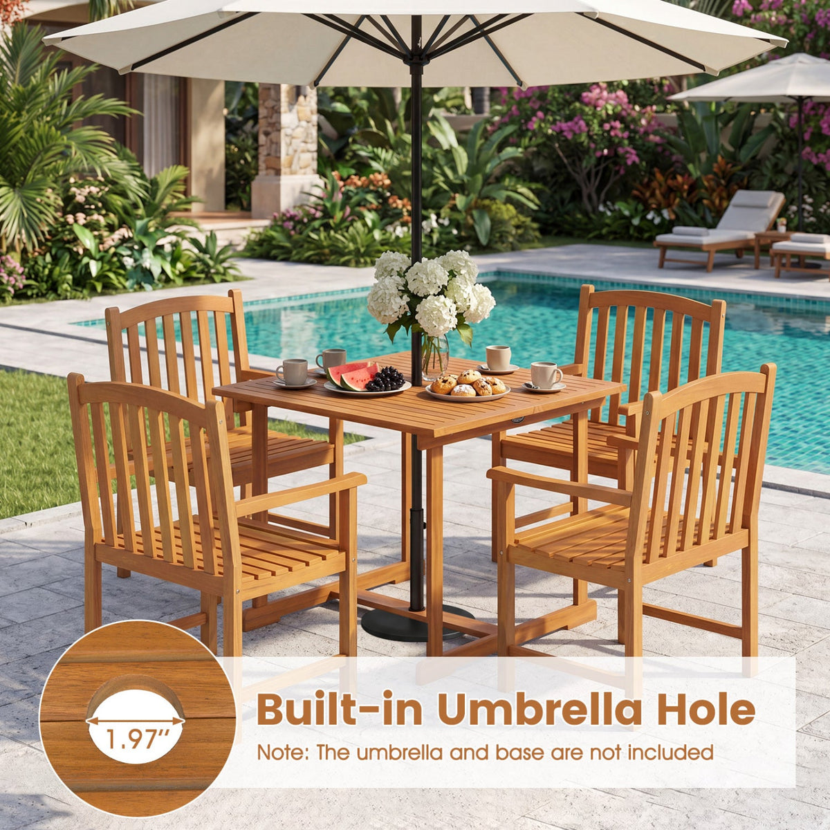 5 Piece Square Acacia Patio Dining Set for 4 with Lattice Back Armchairs and a 1.97 Inch Umbrella Hole
