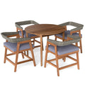 5 Piece Acacia Patio Dining Set, 36 Inch Round Cornered Table and 4 Wrap Around Wicker Back Chairs with Cushions