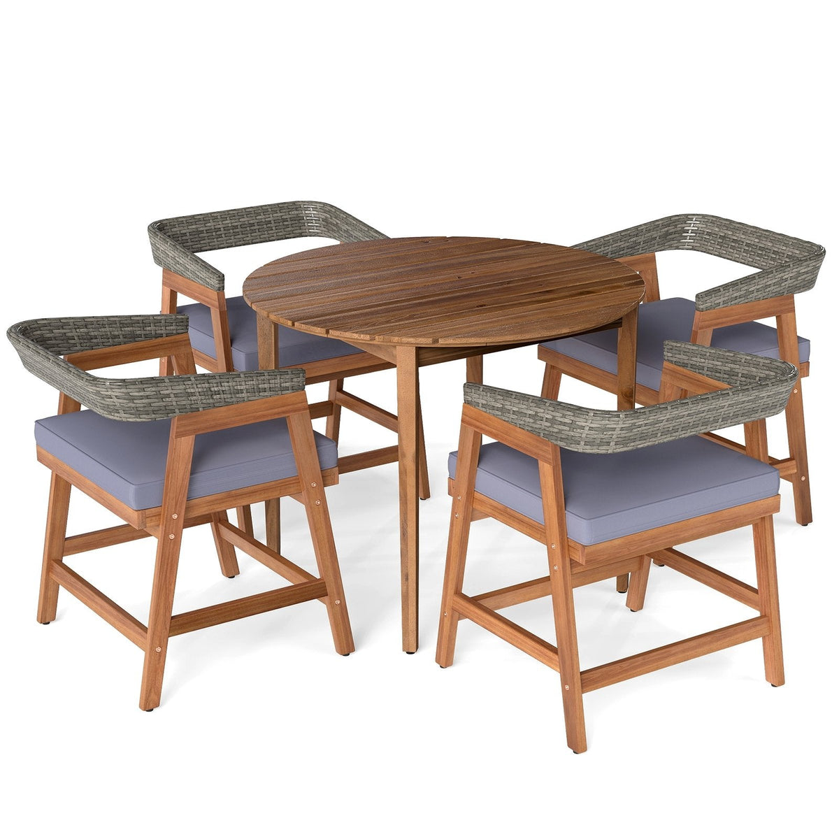 5 Piece Acacia Patio Dining Set, 36 Inch Round Cornered Table and 4 Wrap Around Wicker Back Chairs with Cushions