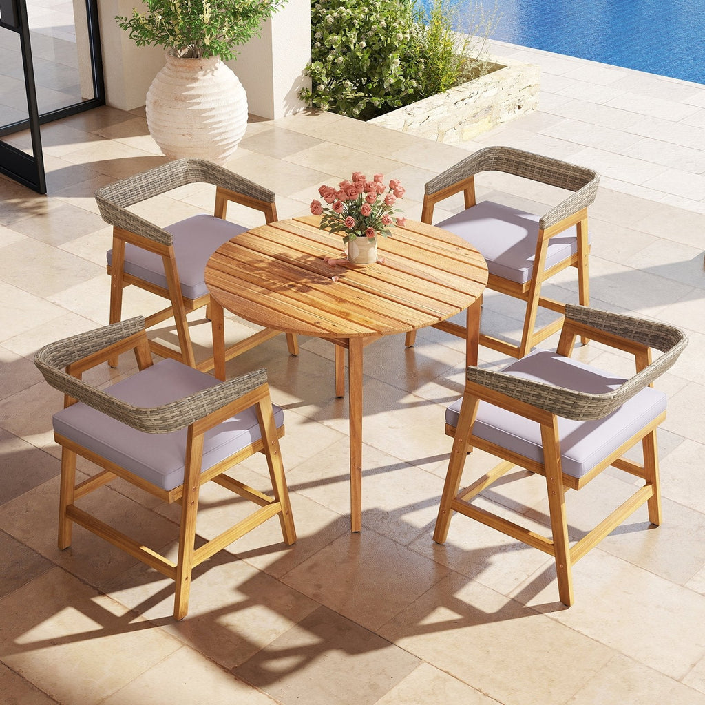 5 Piece Acacia Patio Dining Set, 36 Inch Round Cornered Table and 4 Wrap Around Wicker Back Chairs with Cushions