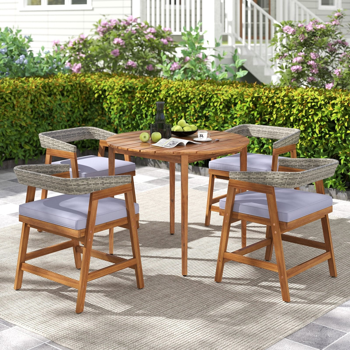 5 Piece Acacia Patio Dining Set, 36 Inch Round Cornered Table and 4 Wrap Around Wicker Back Chairs with Cushions