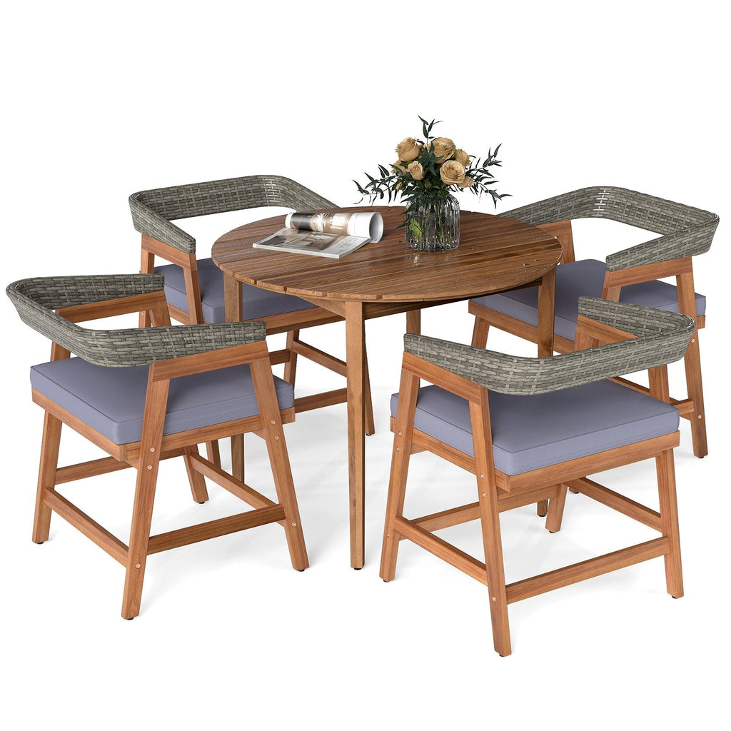 5 Piece Acacia Patio Dining Set, 36 Inch Round Cornered Table and 4 Wrap Around Wicker Back Chairs with Cushions