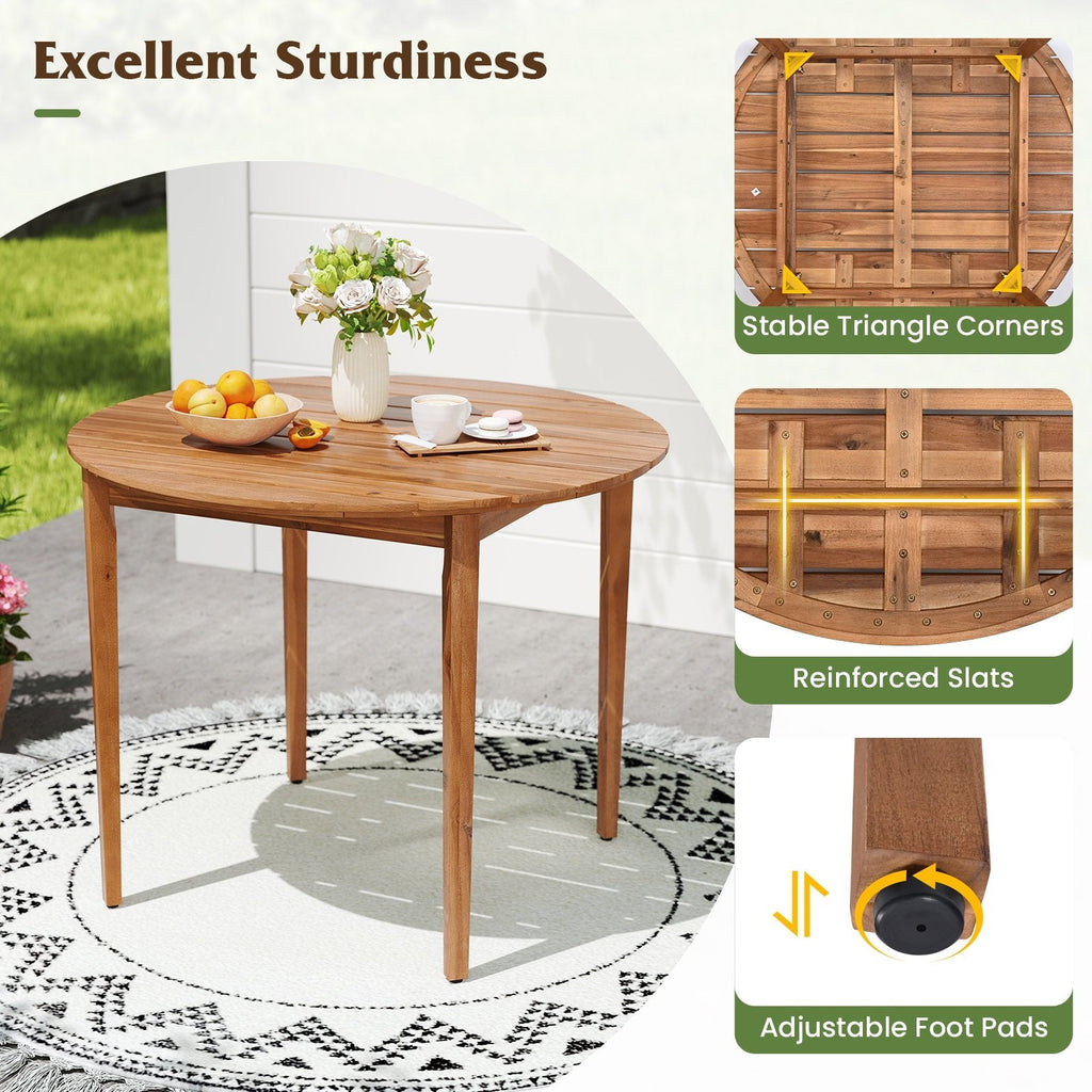 5 Piece Acacia Patio Dining Set, 36 Inch Round Cornered Table and 4 Wrap Around Wicker Back Chairs with Cushions