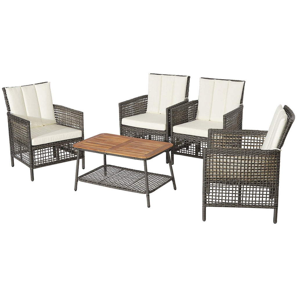 5 Piece Wicker Patio Conversation Set with 4 Armchairs and Acacia Top Table, Off White