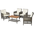 5 Piece Wicker Patio Conversation Set with 4 Armchairs and Acacia Top Table, Off White