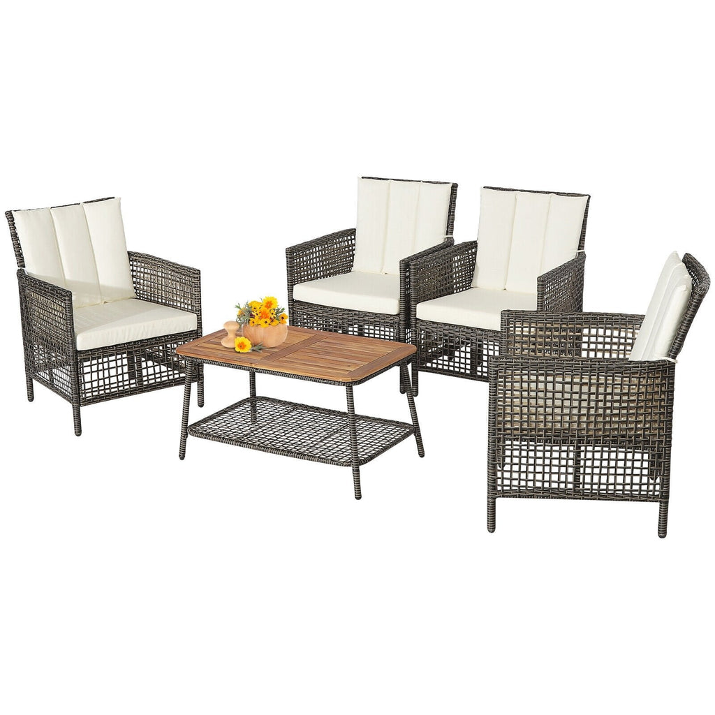 5 Piece Wicker Patio Conversation Set with 4 Armchairs and Acacia Top Table, Off White