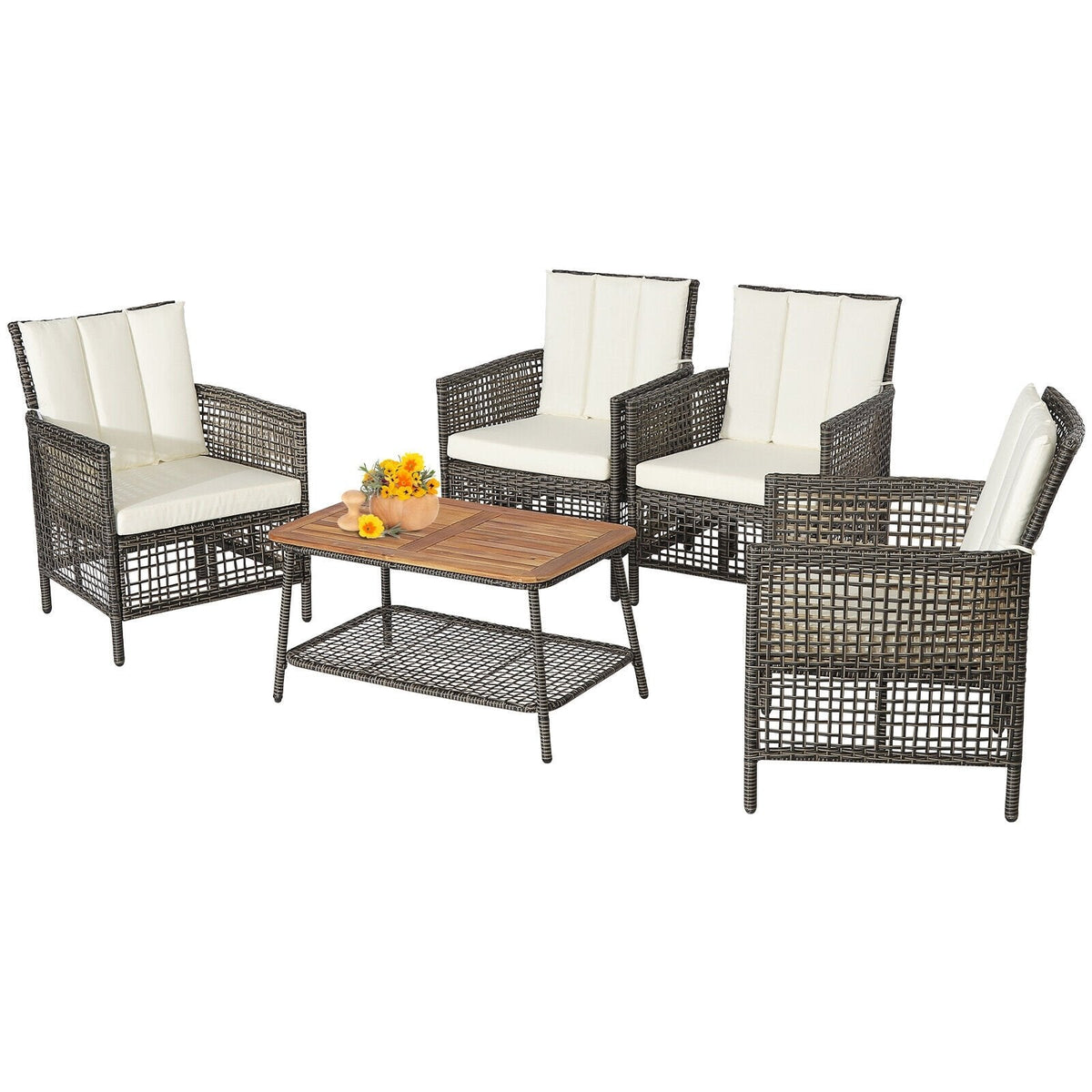5 Piece Wicker Patio Conversation Set with 4 Armchairs and Acacia Top Table, Off White