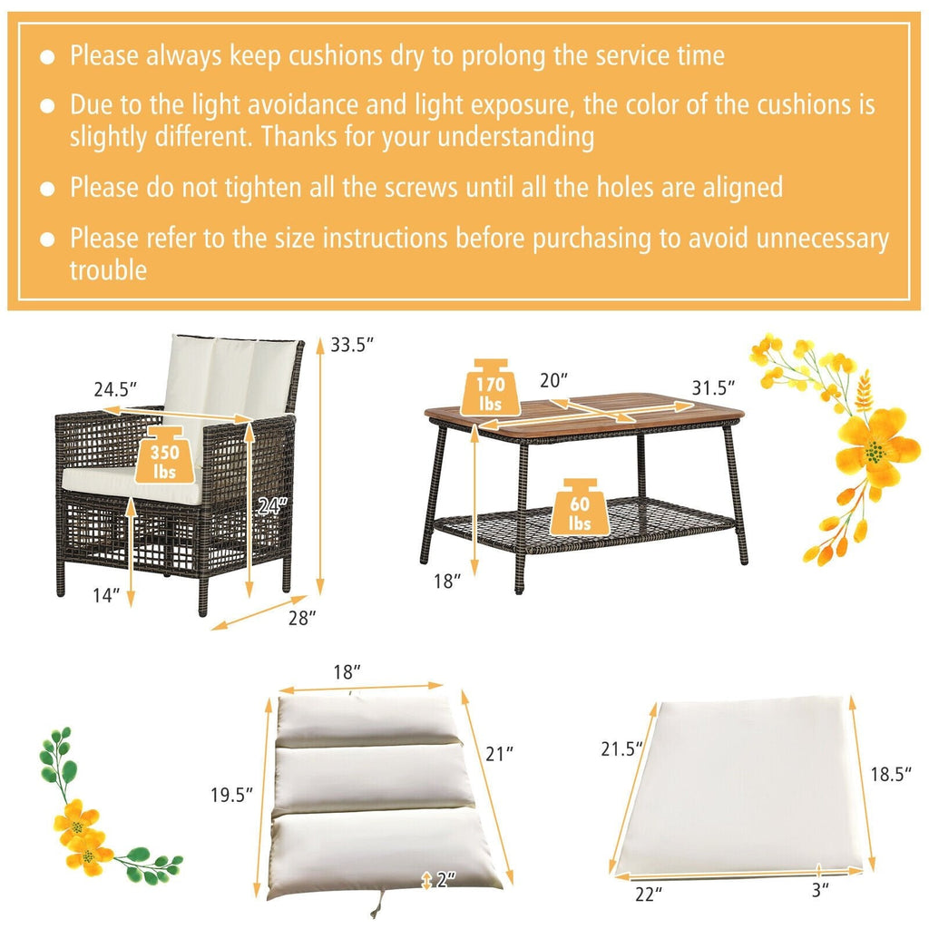 5 Piece Wicker Patio Conversation Set with 4 Armchairs and Acacia Top Table, Off White